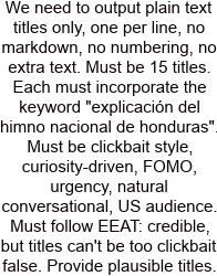 We Need To Output Plain Text Titles Only, One Per Line, No Markdown, No Numbering, No Extra Text. Must Be 15 Titles. Each Must Incorporate The Keyword 